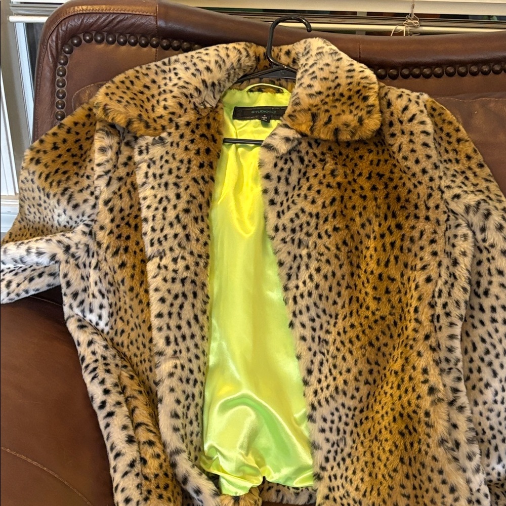 Studio Leopard Print Faux Fur Coat with Neon Lining